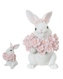Coelho de Páscoa "Arranjo de Flores" em Resina (Branco e Rosa) 9cm x 9,5cm x 13,5cm