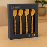 conjunto 4 colheres de sobremesa de aço inox com cabo em bambu